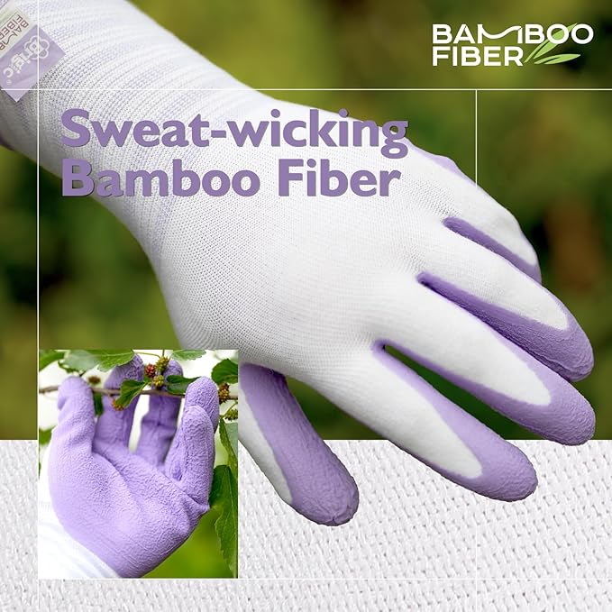 Gardening Gloves, Bamboo Fiber, Touch, Breathable, Rubber Coated, Green & Purple, S to XL