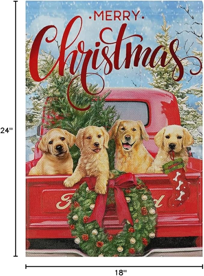 Merry Christmas Welcome Garden Flag 18x24 Inch Winter Dog Xmas Yard Flags Large Vertical Double Sided Red Truck New Year House Flag Seasonal Outside Decor for Yard Farmhouse