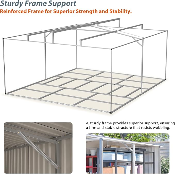 12x14FT Outdoor Storage Shed Metal Shed W/Floor Frame,Garden Tool House W/ 4 Air Vents,Lockable Double Doors & Sloped Roof,for Patio,Lawn,Backyard,Light Gray