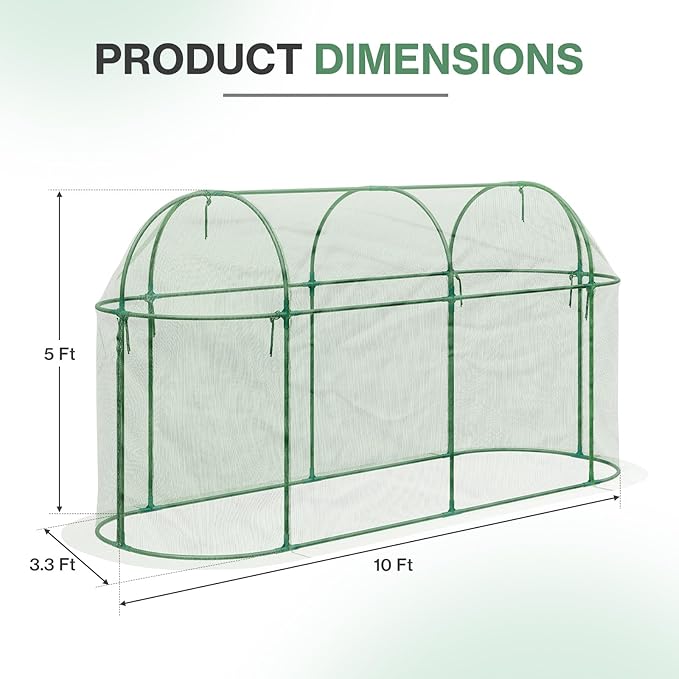 Aoodor 10 x 3 x 5 Ft Plant Protection Grow Tent Arched Roof Crop Cage with Side Netting Zippered Door for Protect Plants, Herbs, Fruits, Green