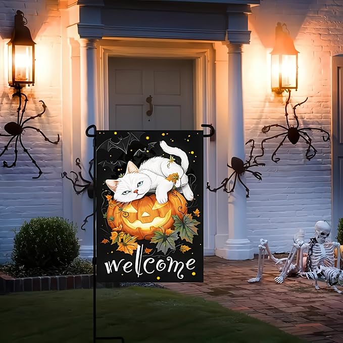 Welcome Halloween Garden Flags 12x18 Double Sided Halloween Cat Pumpkin Garden Flag Yard Outside Decor Holiday Outdoor Flag Decorations Home Banner