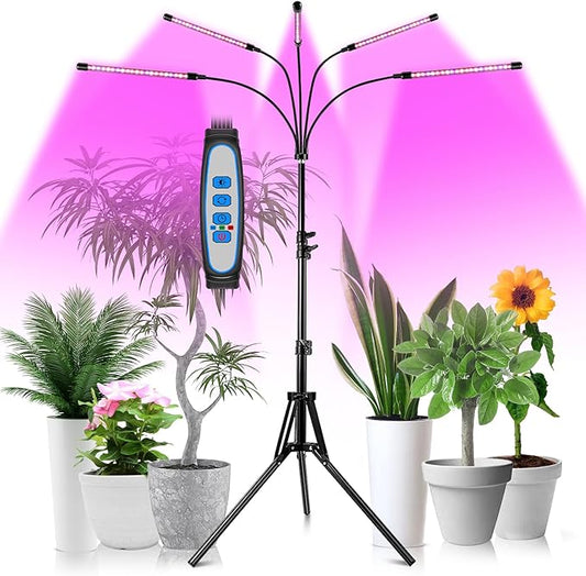 Garpsen Grow Light with Stand, 5 Heads Grow Lights for Indoor Plants, 100 LEDs Full Spectrum Led Plant Light for Seed Starting, with 15-63" Adjustable Tripod&6/12/16H Timer