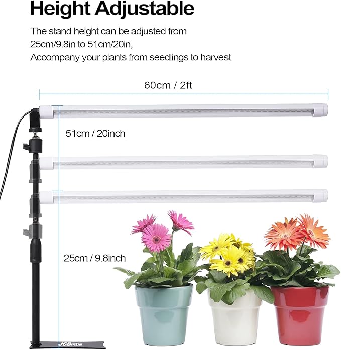 JCBritw Standing LED Grow Light，Adjustable 2ft T8 Bar Plant Light, White 4500K Full Spectrum Plant Grow Lamp on Stand for Indoor Plants Seed Starting, Seedlings, Veg, Flower