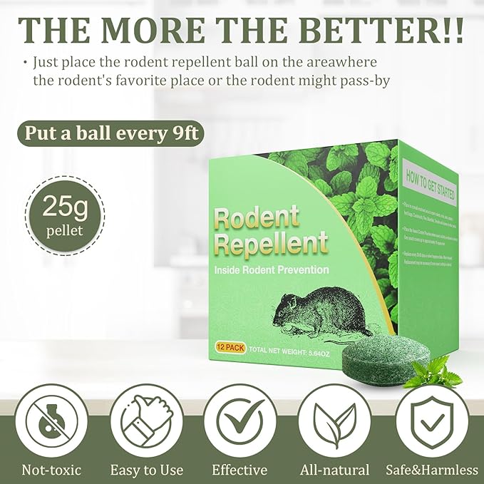 Mouse Repellent, 12 Pack Peppermint Oil Mouse Repellent for Car Engines, Indoor & Outdoor Use, Keep Mice Out of House and Garage, Safe for Pets and Family.