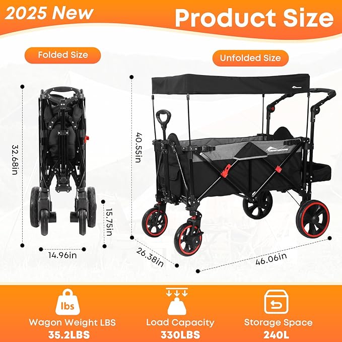 Collapsible Canopy Wagon, Foldable Wagon Stroller with 330LBS, Heavy Duty Cart with Shock-Absorbing Wheels, Adjustable Push Pulling Handles for Camping, Garden, Sports, Shopping, Black