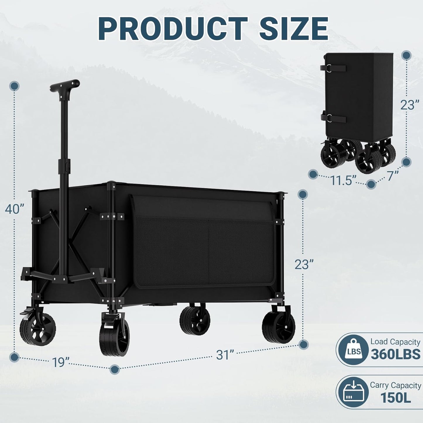 Favoyard Collapsible Wagon Carts Foldable 150L & 360LBS Folding Wagons w/All-Terrain Wheels & Brakes Portable Lightweight Utility Shopping Cart for Beach Grocery Sports Garden Camping Outdoor, Black