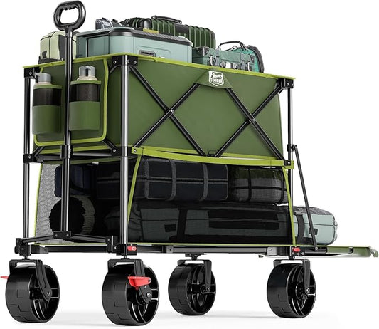 TIMBER RIDGE 400L Large Capacity Folding Double Decker Wagon with Brakes, 54" Extra Long Extender Wagon Cart, 450lbs Heavy Duty Collapsible Cart, All-Terrain Big Wheels for Camping, Sports, Shopping
