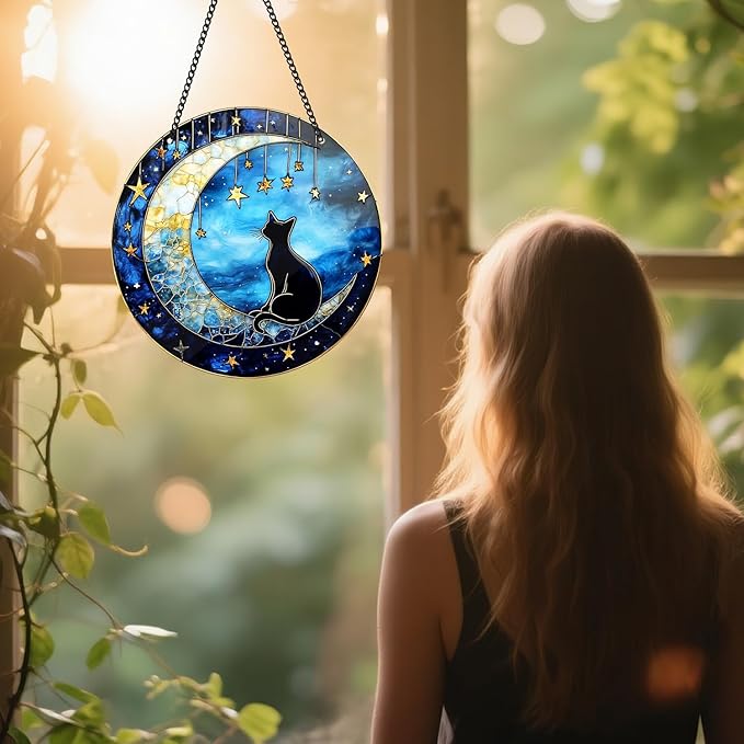 Black Cat Sun Catcher - Black Cat Bending Moon Acrylic Suncatcher Rainbow Maker Stained Acrylic Window Hanging Ornament Indoor Outdoor Decoration Home Garden Decor Chain Pendant Memorial