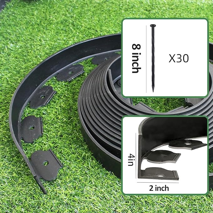 Landscape Edging Border 33FTx 4 Inch Tall, Plastic Garden Borders Edging with 30 Spikes,Flexible Lawn Edging Edge for Garden,Grass,Flower Beds, Yard, Paver,Pathway-Black