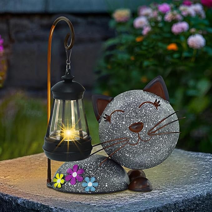 Glintoper Solar Garden Statue Cat Figurine with Lantern, Outdoor Metal Kitten Whimsical Lawn Porch Yard Art, Mothers Day Ideal Gifts, Lighted Ornaments for Patio Pathway Yard Decoration
