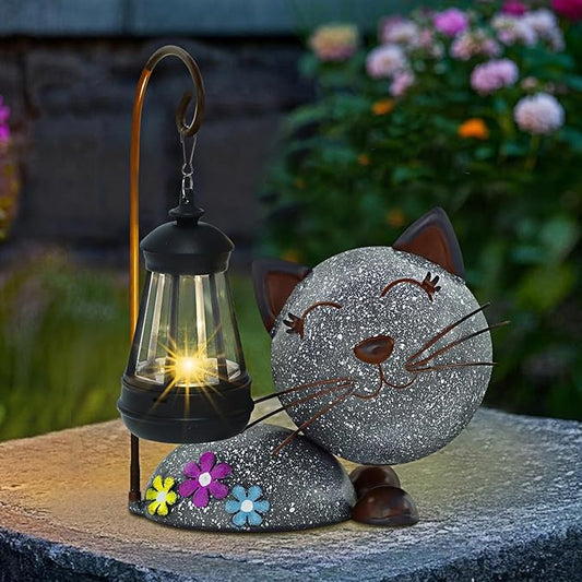 Glintoper Solar Garden Statue Cat Figurine with Lantern, Outdoor Metal Kitten Whimsical Lawn Porch Yard Art, Mothers Day Ideal Gifts, Lighted Ornaments for Patio Pathway Yard Decoration