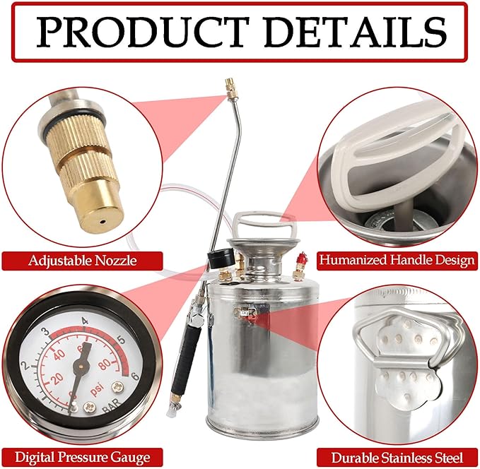 Hand Pump Sprayer Stainless Steel Sprayer for Indoor and Outdoor 1 Gallon Sprayer 12 in Wand 3.3 FT Hose