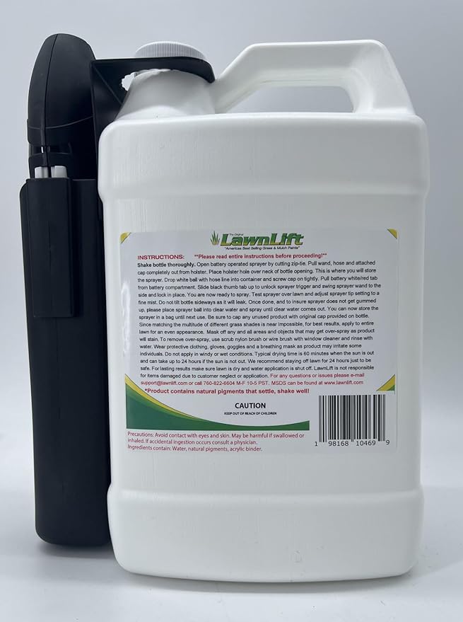 LawnLift 1-gallon ready to use grass paint, shake and spray pro with electric sprayer wand. No more messy mixing. Instantly transform your lawn.