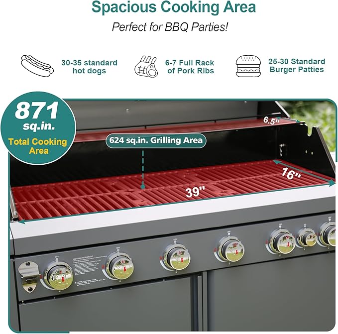 Brand-Man 6-Burner Gas Outdoor Kitchen Grill Island with Side Burner - 72,000 BTU Stainless Steel BBQ Grill Station with Storage Cabinets, Fold-out Prep Table, LPG/NG Convertible, Gray