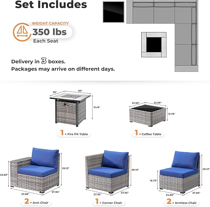 ovios 7 Pieces Patio Furniture Set, Outdoor Wicker Sectional Sofa with 30 Inch Fire Pit Table Comfy Cushions, Modern Modular Deep Seat Rattan Couch Conversation Set, Navy Blue