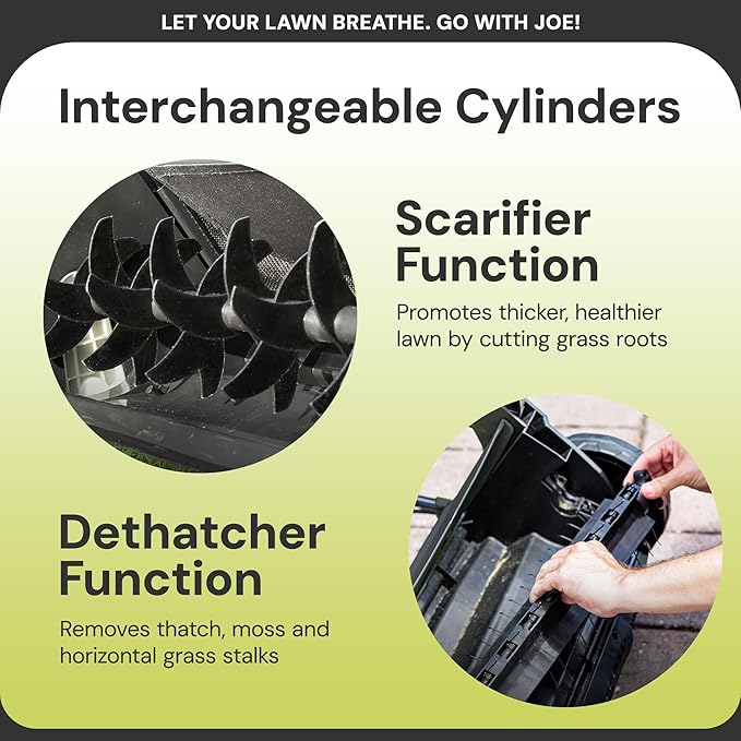 Sun Joe Electric Lawn Dethatcher & Scarifier with 13.2-Gal Bag, 13 Amp, 15 Inch, Black/Green - Heavy Duty Gardening Machine and Equipment for Lawn, Yard, and Grass, AJ805E