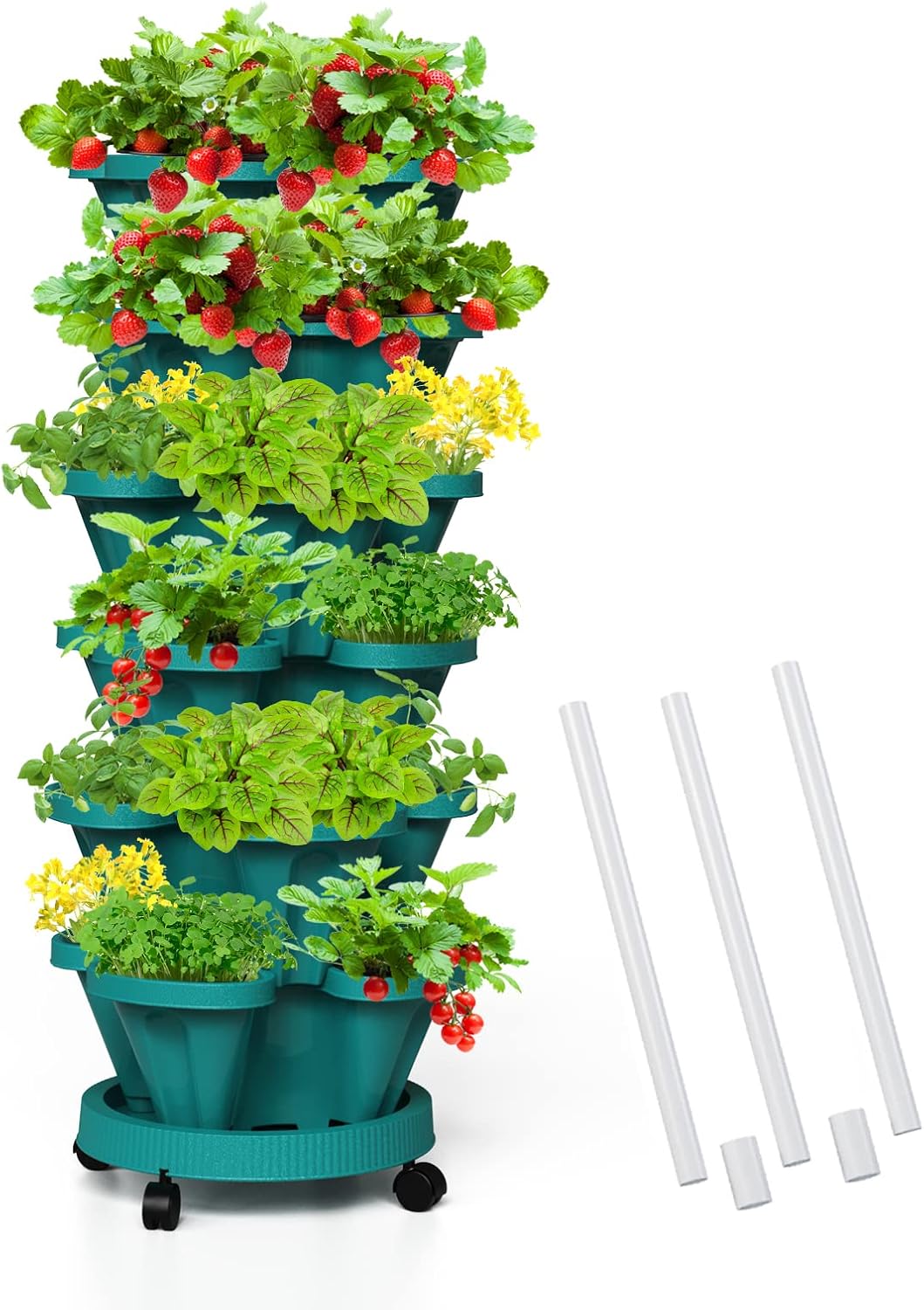 Strawberry Vertical Planters Tower Garden, 6 Tiered Stacking Planter with Support Pole, Stackable Herb Vegetable Planters Indoor and Outdoor
