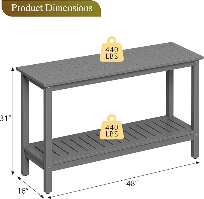 SUPER DEAL 48 inch Outdoor Console Table, 2-Tier Solid Wood Side Table Multifunctional Buffet Bar Storage Organizer with Adjustable Feet for All-Weather Indoor Outdoor Porch, Grey