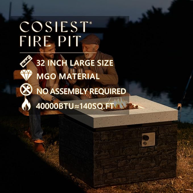 COSIEST 32-inch Outdoor Propane Fire Pit Table, Square Fire Table w Faux Brown Ledgestone, 40,000 BTU Stainless Steel Burner, Free Lava Rocks, Fits 20lb Tank Inside