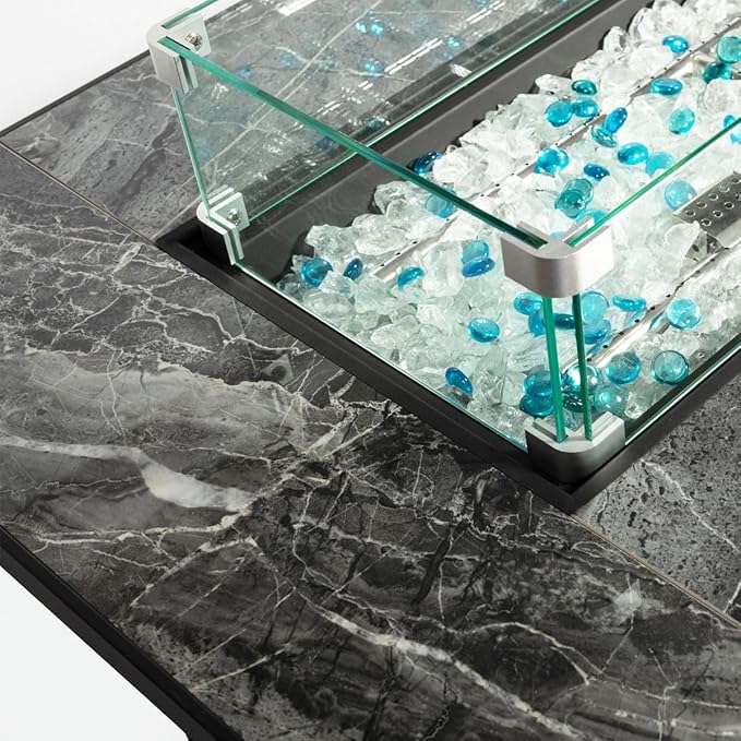 44in Outdoor Propane Gas Fire Pit Table, 50,000 BTU Auto-Ignition Gas Firepit with Glass Wind Guard, Marble Tile Tabletop, Mixed Color Glass Rocks, Brown PE Rattan