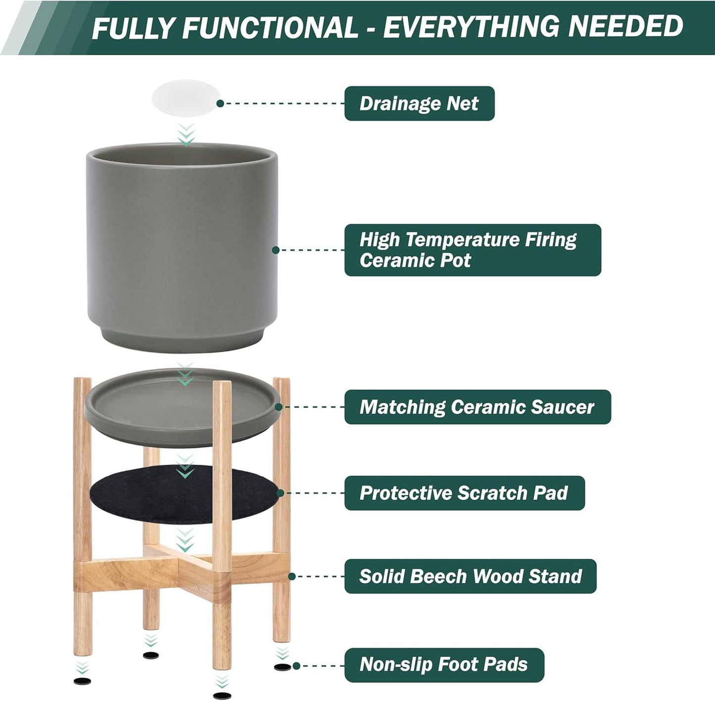 D'vine Dev Ceramic Planter with Natural Stand - 10 Inch Modern Round Flower Pot with Wood Planter Holder, Grey, 55-B-K-3