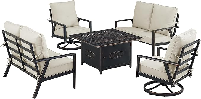 Oakland Living Black Aluminum Patio Fire Table Set with Two Deep Seating Loveseat with Cushions and Two Club Chairs with Light Grey Cushions