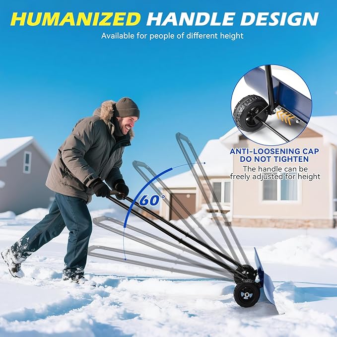 Heavy-Duty Snow Pusher Shovel,Snow Plow with Wheels,Angled Blade&Ergonomic Handle,Back-Saving Design for Efficient clearing for Drives & Paths(Blue)