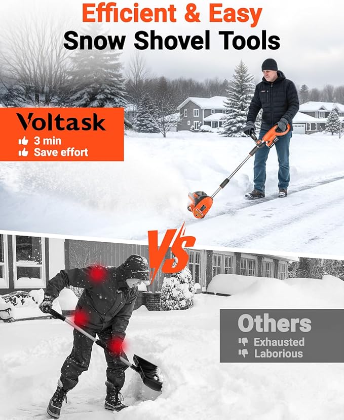 VOLTASK Cordless Snow Shovel, 24V | 12-Inch Snow Blower Cordless, Battery Snow Shovel with Directional Plate & Adjustable Front Handle (4-Ah Battery & Quick Charger Included)