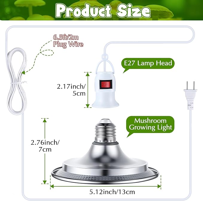 Meonum 1 Pack LED Growing Lights for Mushroom Unique Spectrum Mushroom Growing Lamp with 4.9 ft Extension Cord Hanging Light Bulbs with White Blue LEDs for Indoor Plants