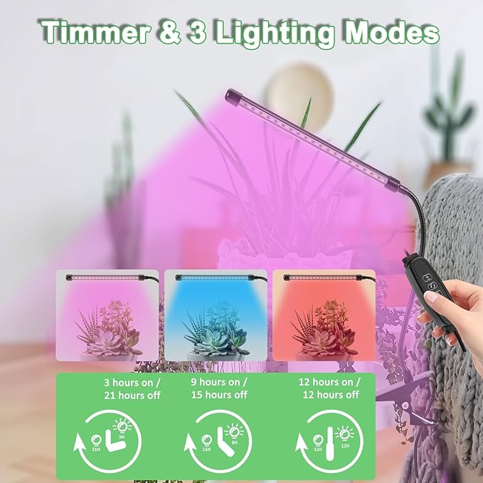 Sunny Power Clip On Grow Lights for Indoor Plants Full Spectrum, Adjustable 6000K LED Plant Lights for Indoor Growing with Auto Timer & 3 Lighting Modes for Succulents, Seed Starting