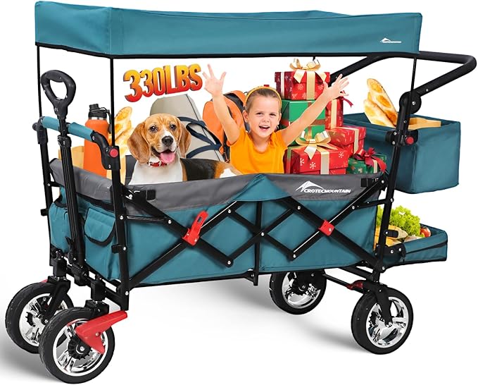 Collapsible Wagon with Canopy,330lbs Cart, Collapsible Foldable Garden Cart- with Adjustable Push Pulling Handles Outdoor Utility Wagon for Beach Garden Camping, Blue