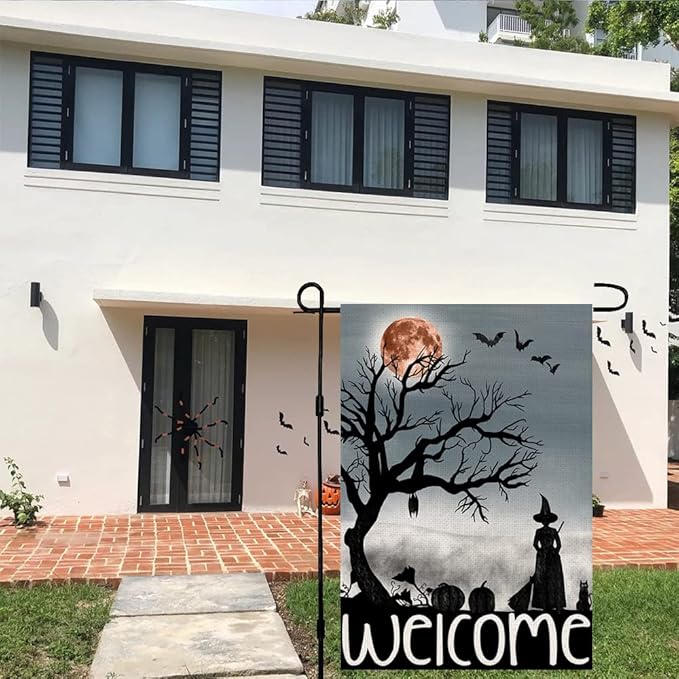 Welcome Halloween Garden Flag 12 x 18 Inch Double Sided Burlap Small Witch Pumpkin Flag Outside Porch Decor Halloween Yard Decoration DF110
