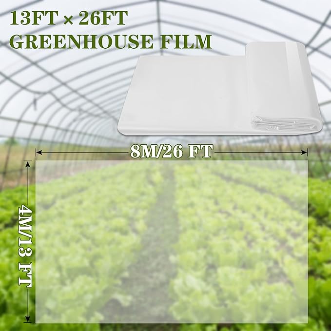 Greenhouse Film 13 x 26 Ft Greenhouse Plastic Plant Covers Freeze Protection UV Resistant PE Clear Film for Plants Dust Proof Resist Cold Weather Heavy Rainfall Strong Winds