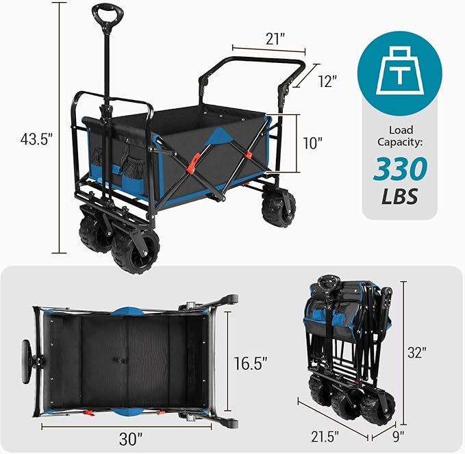Taifa Foldable Collapsible Wagon Cart with Extra Push Pull Handle, Heavy Duty Portable Folding Beach Utility Grocery Wagon Cart with Big Wheels and Brakes for Sand, Camping, Shopping, Black and Blue