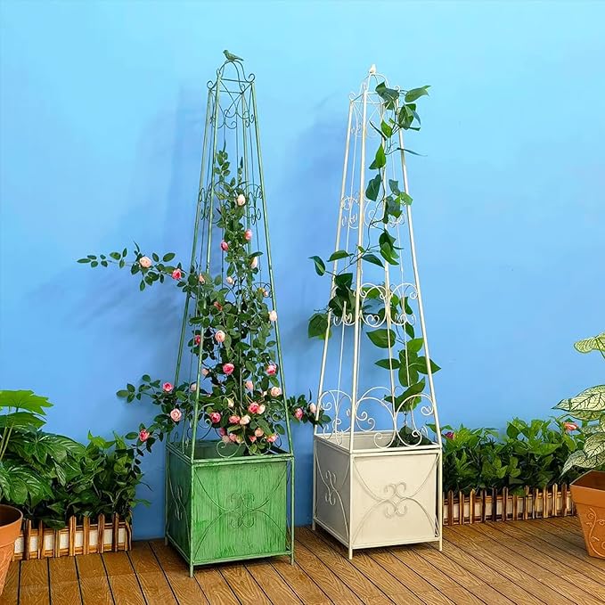 Sungmor Garden Obelisk Trellis with Planter Box - 5ft Metal Climbing Plant Support Tower with Bird Finial - Decorative Outdoor Wrought Iron Trellis for Roses, Clematis, Vines, Ivy - Distressed White