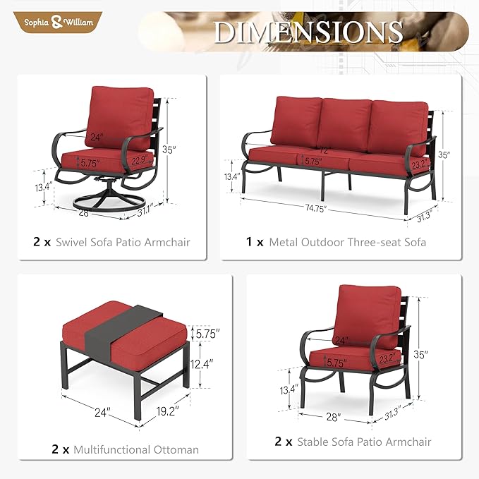 Sophia & William Patio Furniture Sets for 7 Outdoor Conversation Set 7 Pcs with 2 x Swivel Sofa Chairs, 2 x Armrest Chairs, 1 x 3-Seat Sofa, 2 x Ottomans for Coffee Garden Backyard Poolside Red
