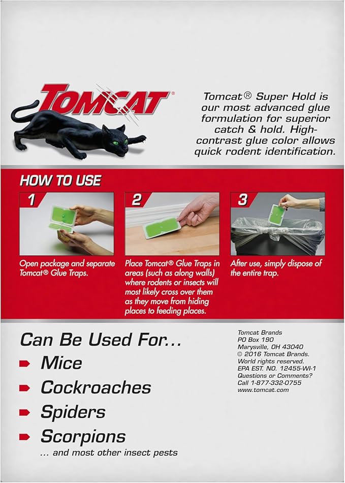 Tomcat Super Hold Glue Traps Mouse Size for Mice, Cockroaches, Spiders, and Scorpions, Ready-To-Use, 4 Traps (2-Pack)