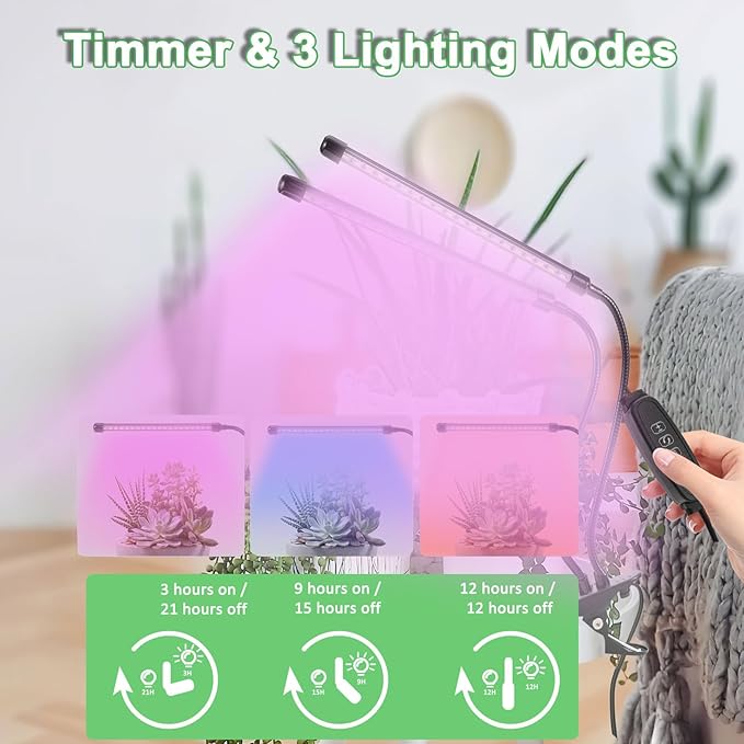 Sunny Power Grow Lights for Indoor Plants Full Spectrum, 6000K LED Plant Lights for Indoor Growing, Clip on Grow Lights for Seed Starting, Adjustable Auto Timer 3 Lighting Modes for Succulents, 2 Head
