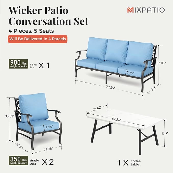 Patio Furniture Set 4 pcs, Metal Outdoor Patio Furniture, 3-Seat Sofa, 2 Single Chairs, Metal Coffee Table and 5.75" Extra Thick Cushion, Patio Conversation Set for Garden Backyard Deck,Blue