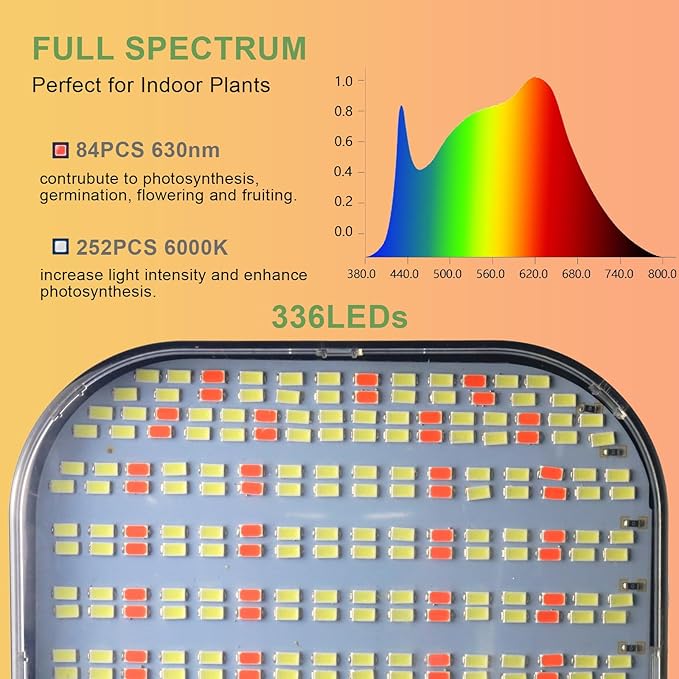 Super-Bright Grow Light 100W 336LEDs, 6000K White Full Spectrum Plant Growing Lamp for Home Office Indoor Plants,Adjustable Height & Auto Timer 4 8 12Hrs, 12V 3A High Power Output for Faster Growth