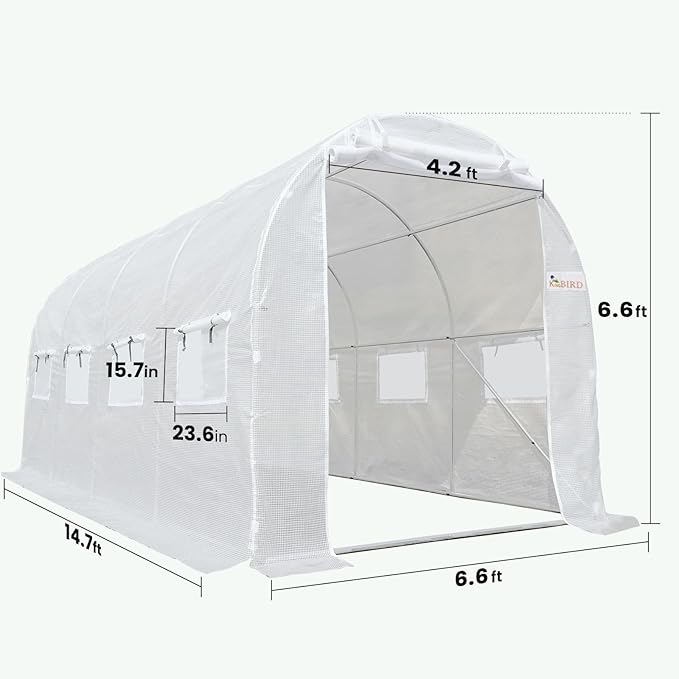KING BIRD Premium 15x6.6x6.6FT Greenhouse for Outdoors, Large Walk-in Heavy Duty Galvanized Steel Frame, Mesh Door Screen Window Upgraded Zipper Tunnel Hoop for Garden Plant Winter, White