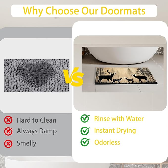 Vintage Forest Deer Family Welcome Mat Indoor,Rustic Animal Front Door Mat,Non-Slip Entryway Rug, Low Profile Felt Indoor Doormat for Back Door Porch Patio Entrance,30 x 17 Inch