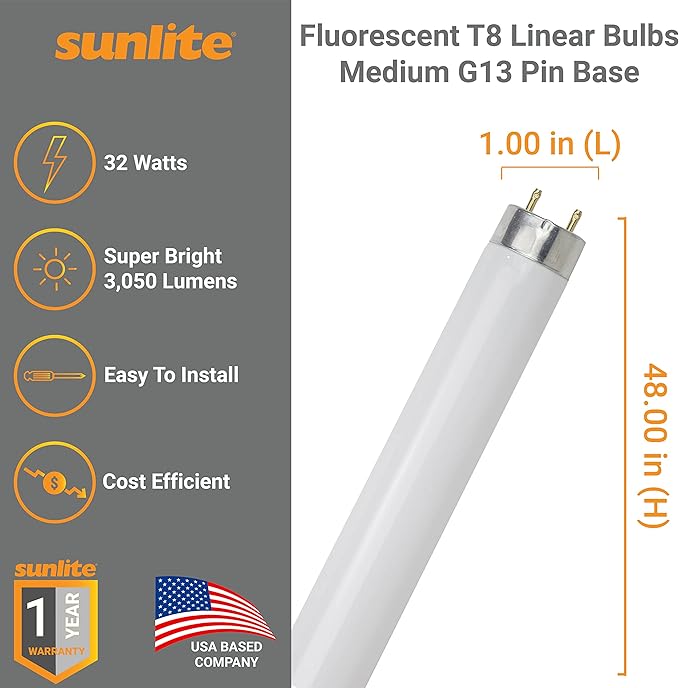 Sunlite F32T8/SP841 T8 Linear Fluorescent Lamp, 32 Watts, 3050 Lumens, 4100K Cool White, Medium G13 Bi Pin Base, High Performance Straight Tube, 30 Pack