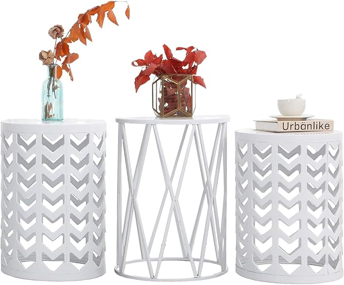 Y&M Side Table,Set of 3 Heavy-Duty Round End Table, Outdoor Decorative Garden Stool Plant Coffee Table for Indoor Multifunctional Use, Stand-White