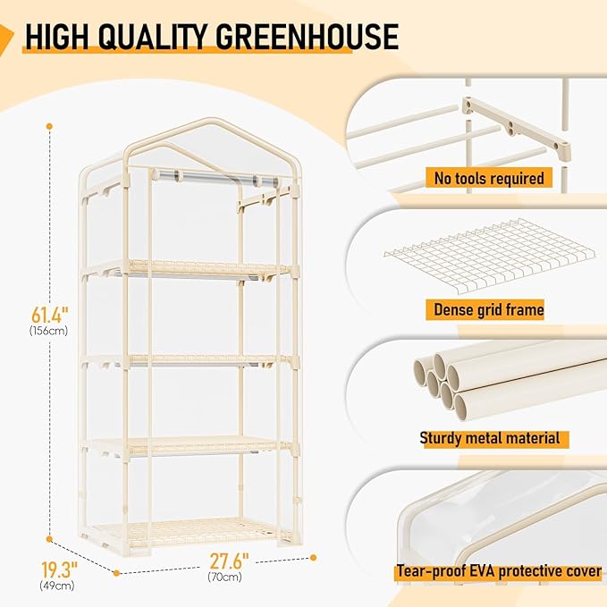 Indoor Greenhouse with Grow Lights - 4 Tiers 27.6"L×19.3"W×61.4"H Outdoor Mini Green House with Zip PVC Cover and Dimmable 45W Full Spectrum Plant Light with Timer for Seed Starting Trays