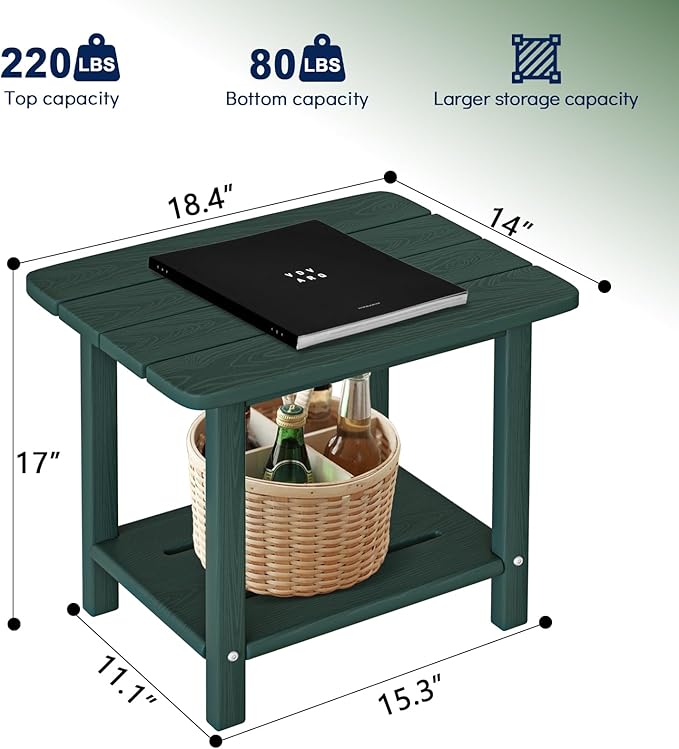 nevilywood Adirondack Square Side Table - 18.4" Large Panel HDPE Outdoor End Table - Weatherproof, Rustproof & Low Maintenance for Patio, Lawn, Pool, Indoor Use (Green)