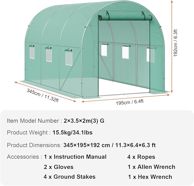 VEVOR Walk-in Tunnel Greenhouse, 11.3x6.4x6.3 ft Hoop House Greenhouse Tunnel, Plant Hot House with Galvanized Steel Frame, Green PE Cover, Roll-up Zipper Door and 6 Windows for Outdoor