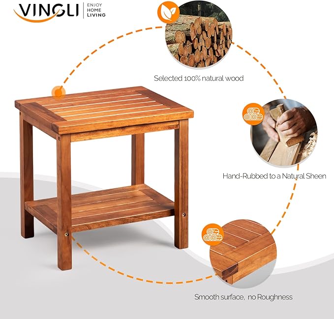 VINGLI 2-Tier Solid Wood Outdoor Side Table, Weather-Resistant Patio End Accent Table Wooden Coffee Table for Garden, Balcony, Porch
