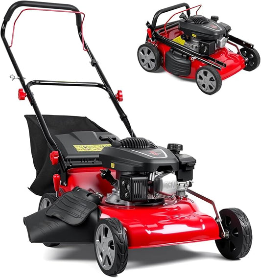 18-Inch 3-in-1 Gas Lawn Mower | Self-Propelled Push Mower with 131cc Engine & 50L Bag for Residential Yards (Red)