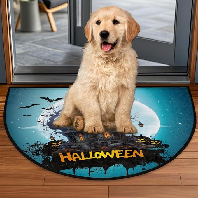 Halloween Half Round Door Mat, Halloween Bat Castle Moon Semicircle Door Mats, Non Slip Area Rug Soft Doormat for Indoor Entrance Wear Resistant Welcome Mat for Garage Patio Home Decor 24 x 36 In